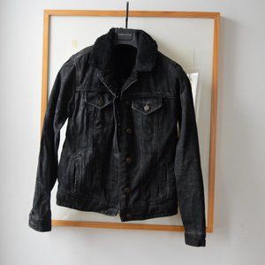 Topshop Moto Black Jean Jacket Faux Shearling Black Trim Trucker Size US 2 UK 6